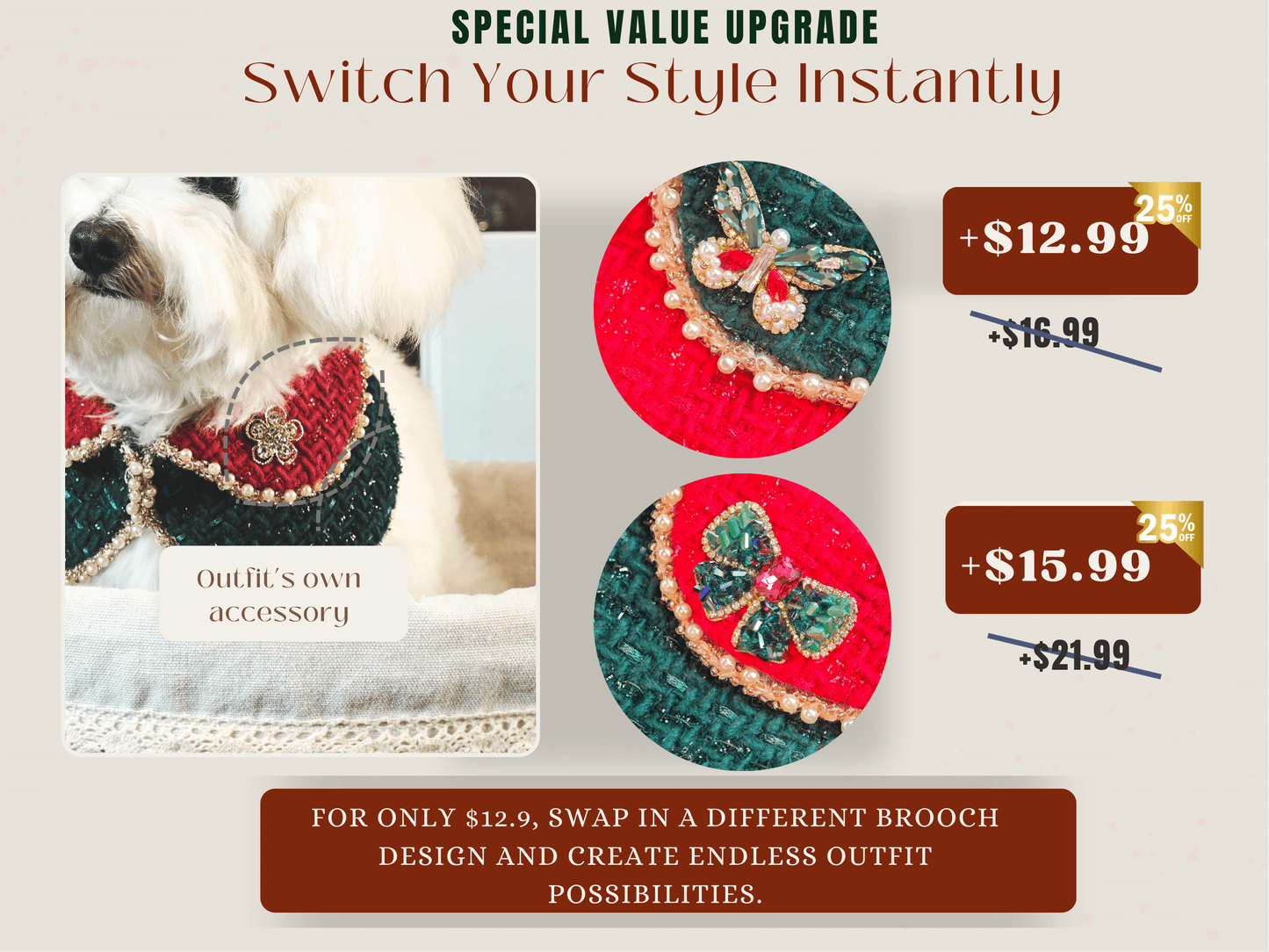 Merry -Handmade Red &Green Christmas Bandana with Interchangeable Brooch
