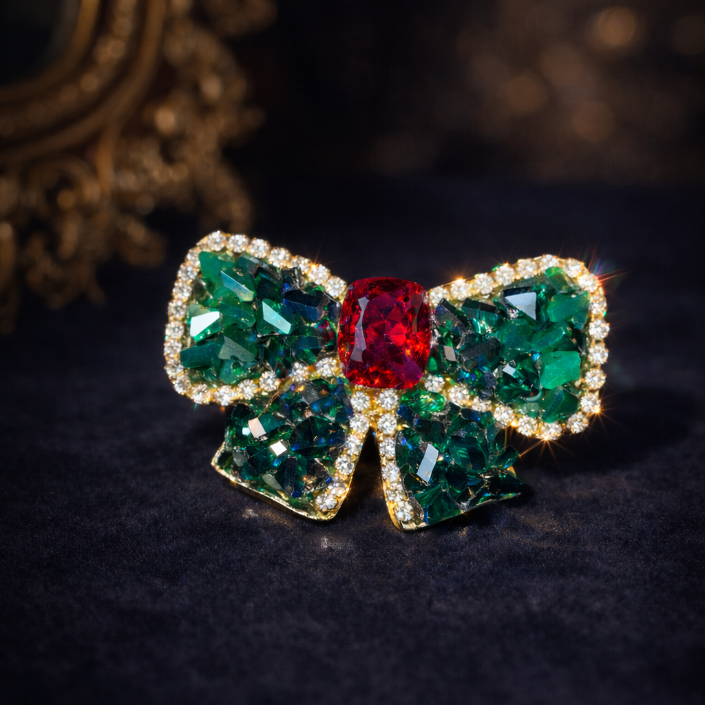 Emerald Noel – Green & Red Crystal Bow Brooch