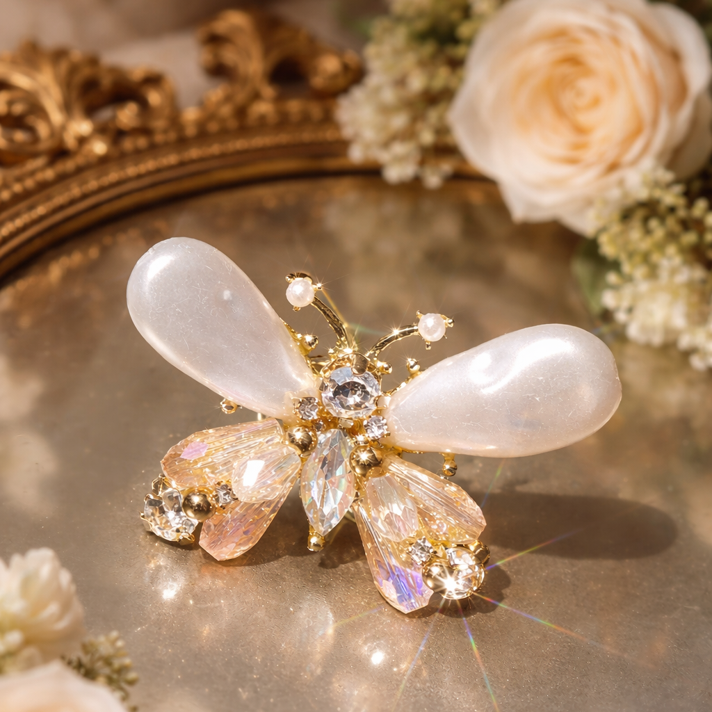 Belle Papillon – Pearl & Champagne Crystal Butterfly Brooch