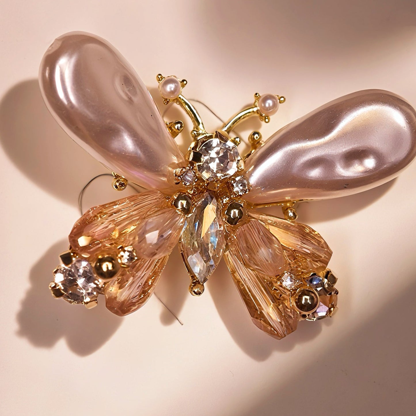 Belle Papillon – Pearl & Champagne Crystal Butterfly Brooch for Dogs | Elegant Couture Accent