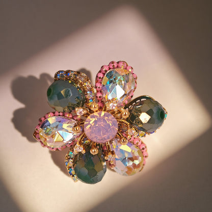 Celeste Bloom – Multicolor Crystal Flower Brooch | Radiant Contrast with Black Couture