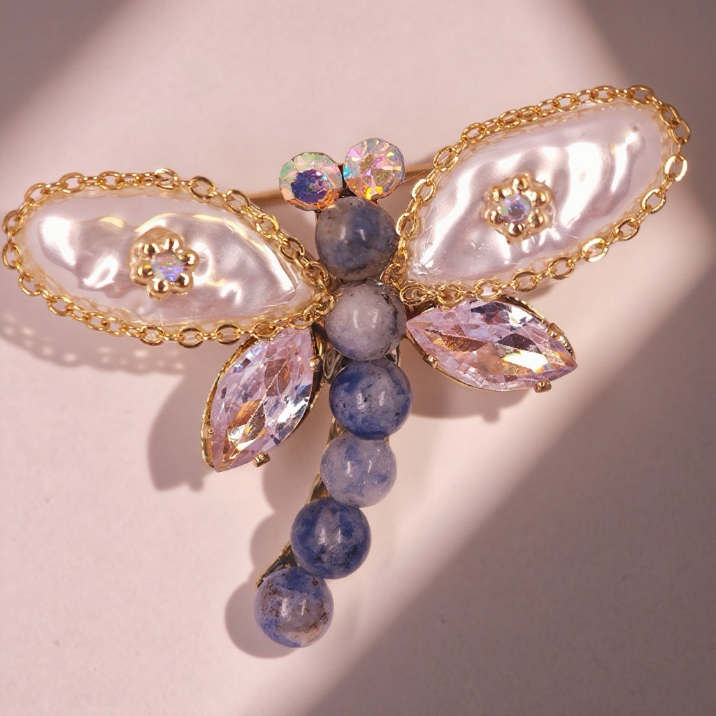 Azure Dragonfly | Handmade Pearl & Crystal Brooch for Dogs | Elegant Blue Accent