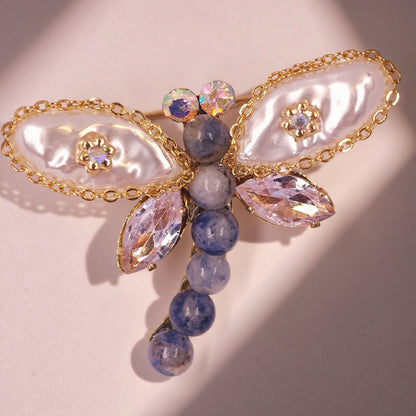 Azure Dragonfly | Handmade Pearl & Crystal Brooch for Dogs | Elegant Blue Accent