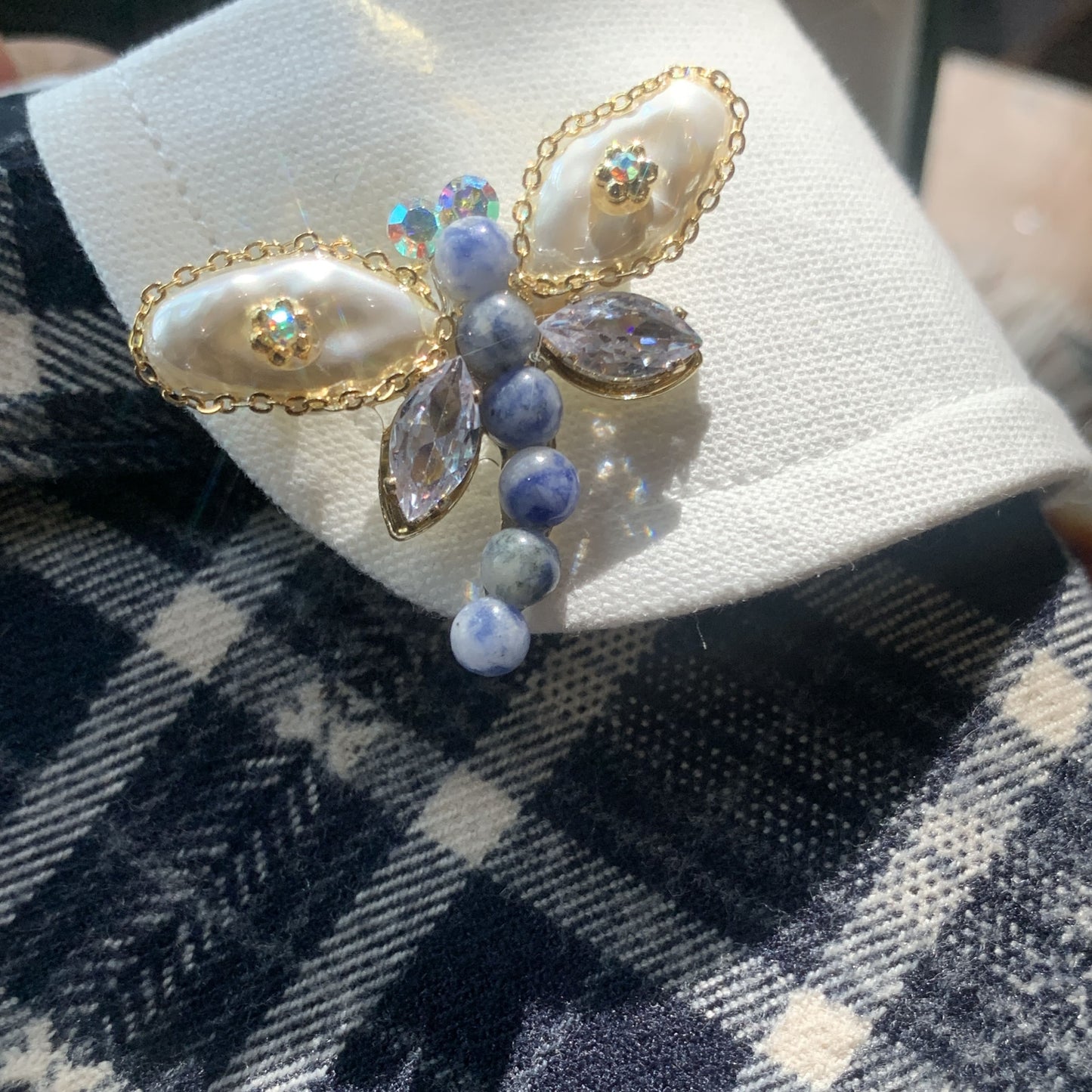 Azure Dragonfly | Handmade Pearl & Crystal Brooch for Dogs | Elegant Blue Accent
