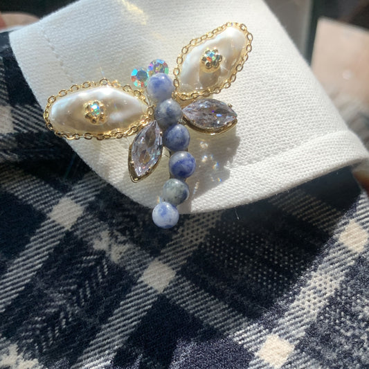 Azure Dragonfly | Handmade Pearl & Crystal Brooch for Dogs | Elegant Blue Accent