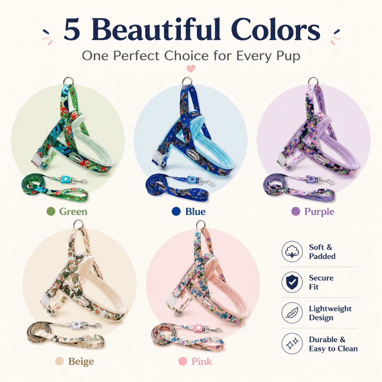 Floral Dog Harness Leash Set, Padded Adjustable Vest, Quick Release Buckle, Alloy O-Ring Webbing