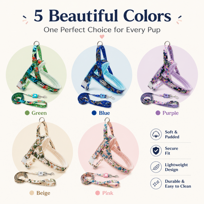 Floral Dog Harness Leash Set, Padded Adjustable Vest, Quick Release Buckle, Alloy O-Ring Webbing