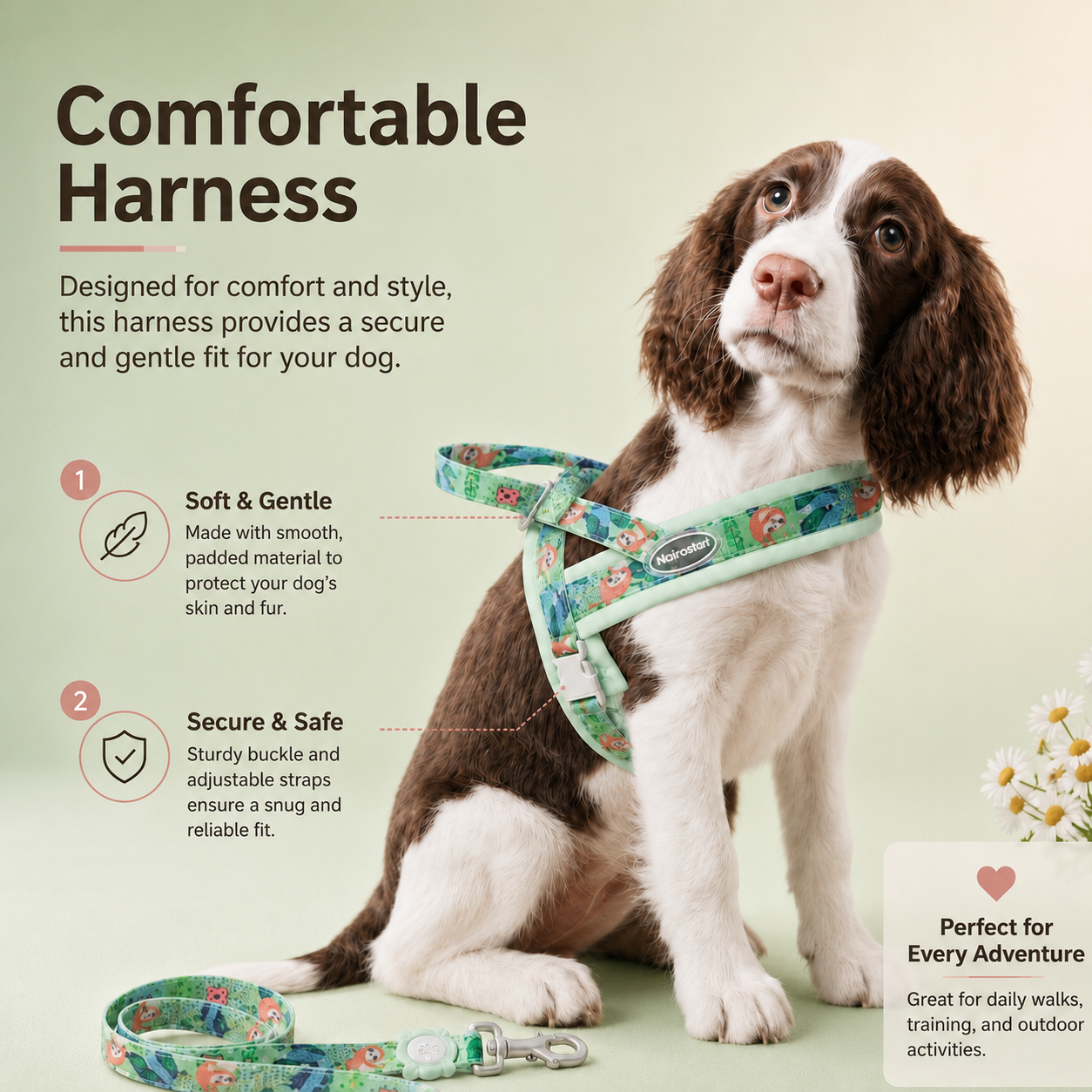 Floral Dog Harness Leash Set, Padded Adjustable Vest, Quick Release Buckle, Alloy O-Ring Webbing
