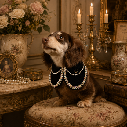 Jacqueline – Black & White Pearl Dog Jacket | Chic Formal Look