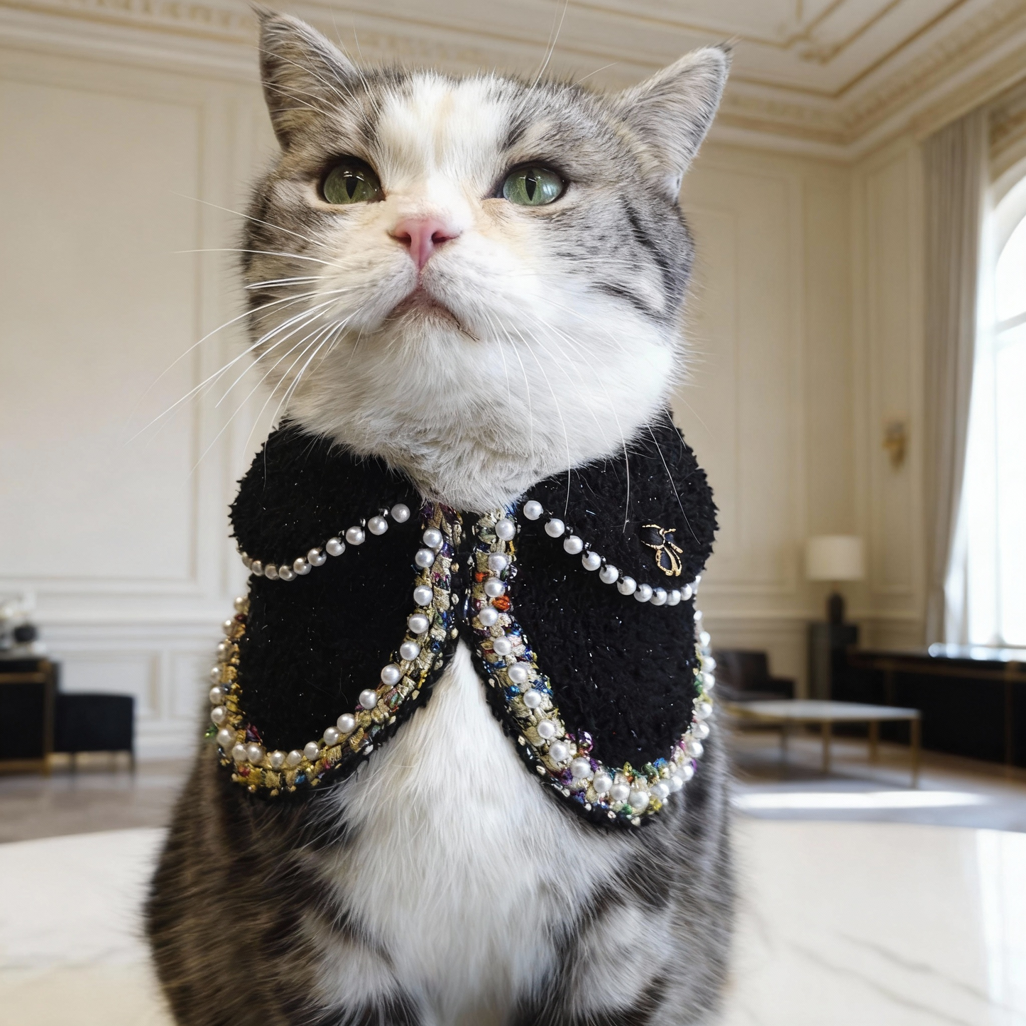 Jacqueline – Black & White Pearl Dog Jacket | Chic Formal Look